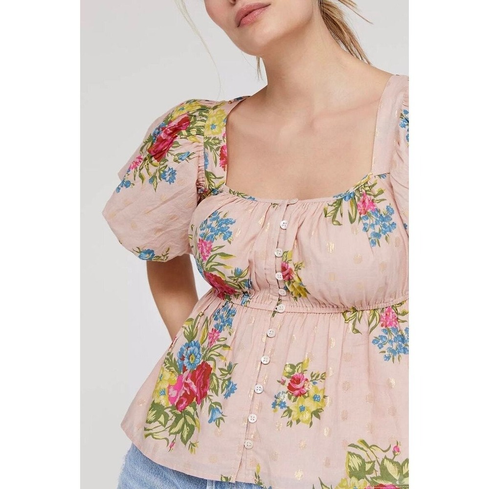 ANTHROPOLOGIE Love The Label Rosette Babydoll Top S Pink Floral Puff Sleeve Boho - Picture 2 of 16